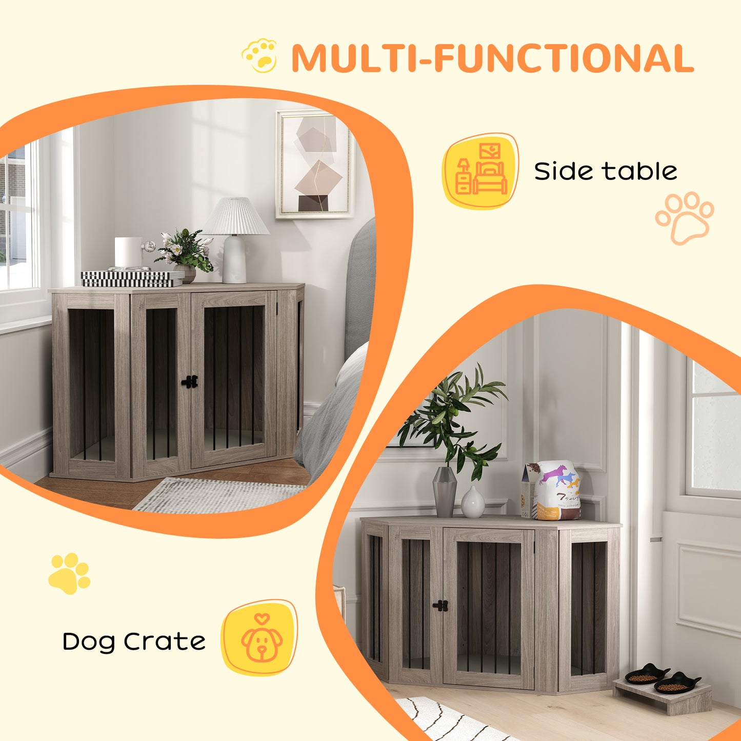 PawHut 2 in 1 Dog Crate Furniture Side Table, with Cushion, 122 x 61 x 71cm in Walnut Brown-2