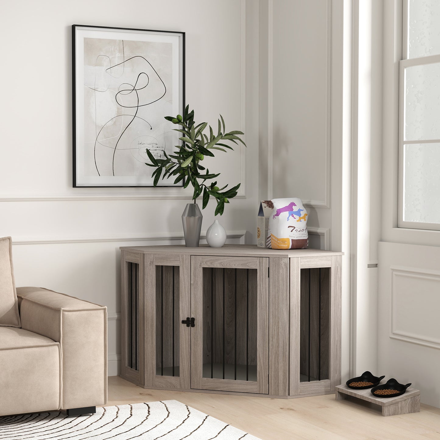 PawHut 2 in 1 Dog Crate Furniture Side Table, with Cushion, 122 x 61 x 71cm in Walnut Brown-8