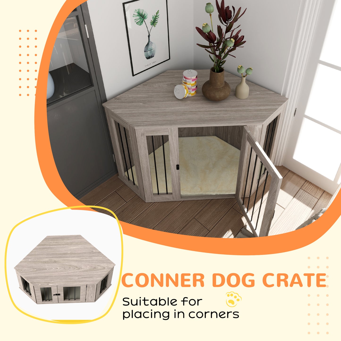 PawHut 2 in 1 Dog Crate Furniture Side Table, with Cushion, 122 x 61 x 71cm in Walnut Brown-3